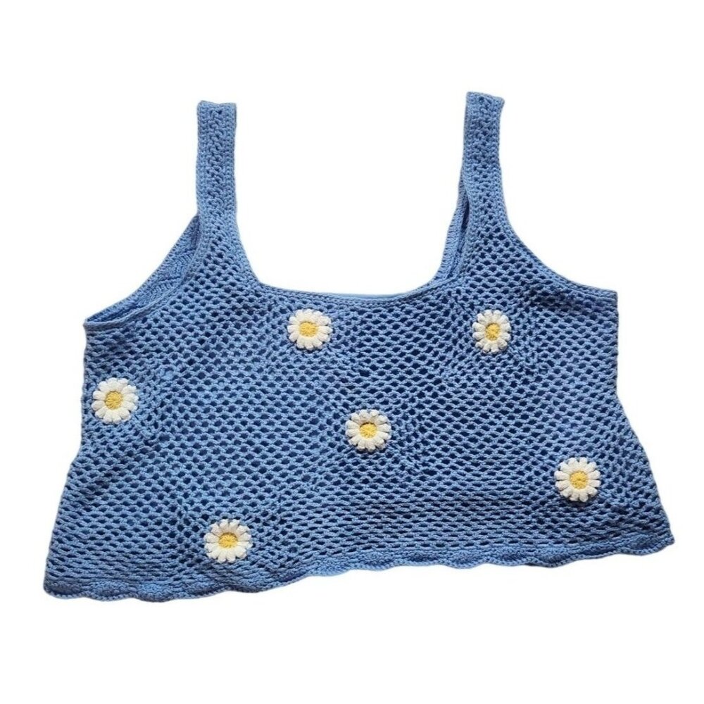 Hollister Crochet Top‎ Women’s Large Daisy Blue Lined Cropped Knit